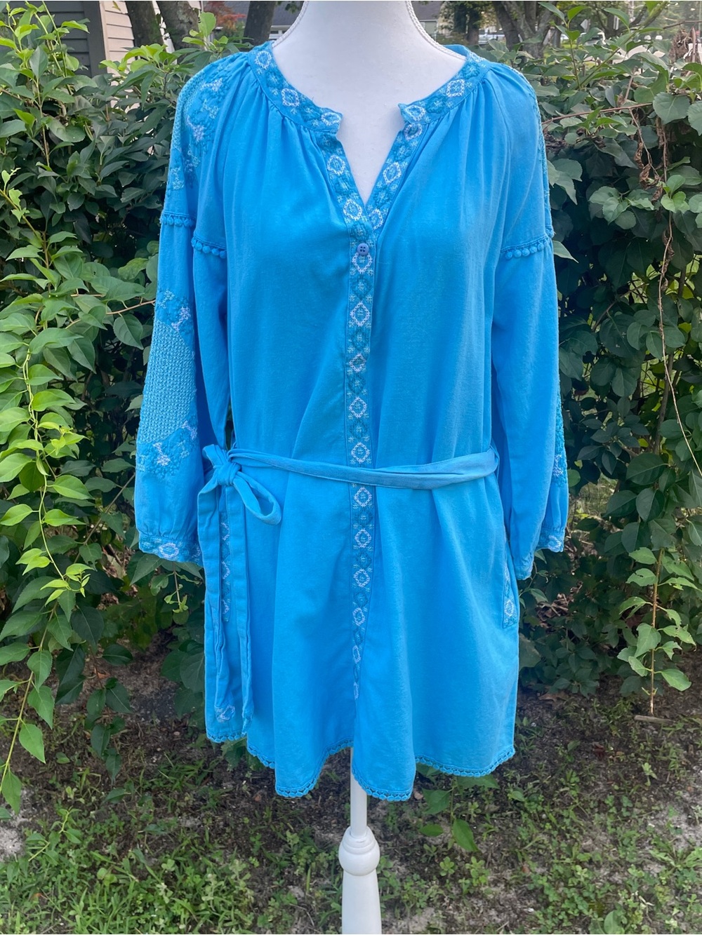 Melissa Odabash Cathy Cotton Linen Kaftan Blue Embroidered Tie-Waist Tunic Cove